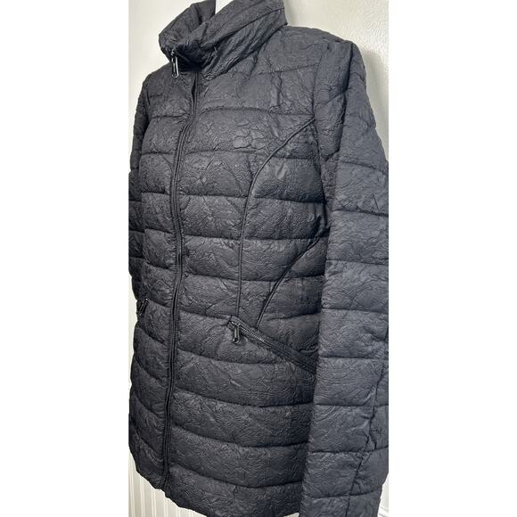 Bernardo Eco Plume Women's Puffer Jacket Coat M Black Textured Hidden Hood Quilt - Picture 1 of 14